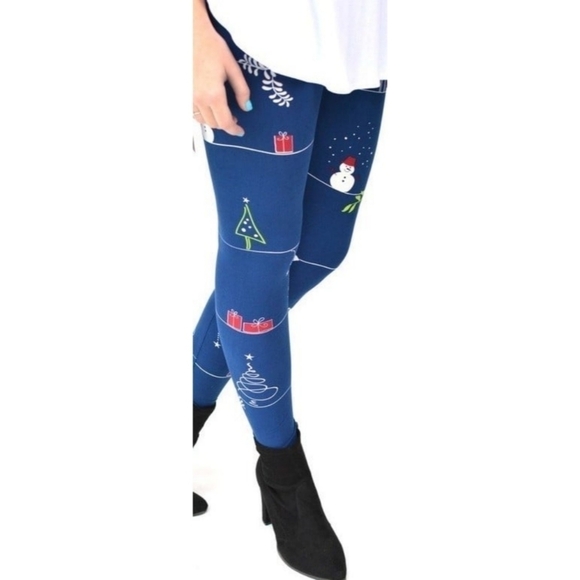 Trïbe BLUE Christmas Tree Holiday Leggings Size Small Fits 2-10 NWT - Picture 1 of 5